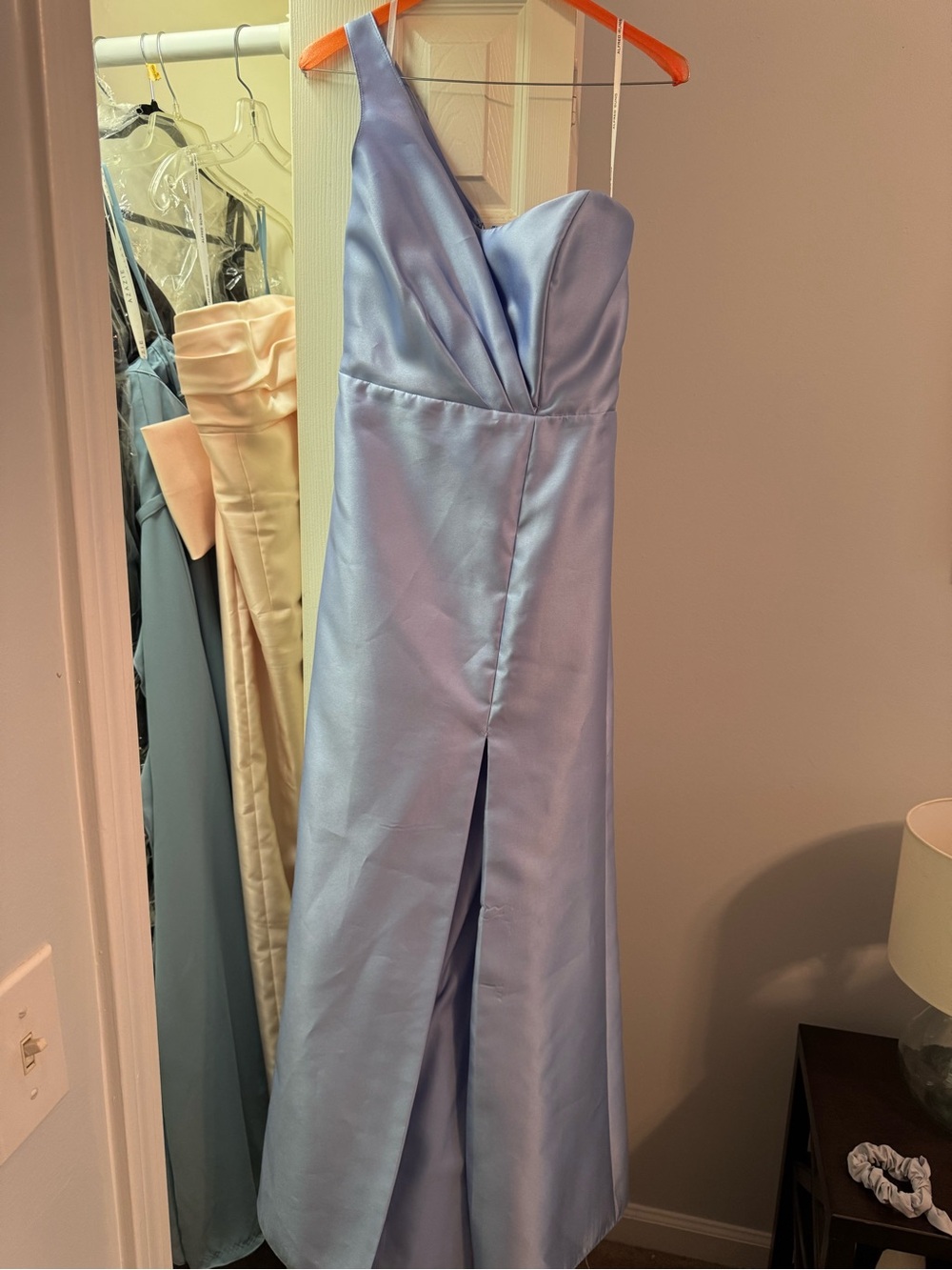 ALFRED SUNG One-Shoulder Satin Gown in Light Blue